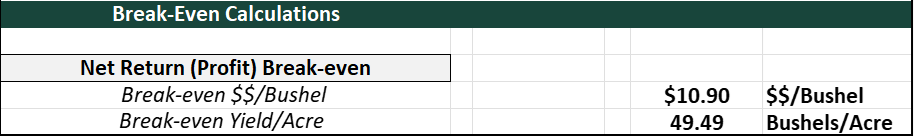 Screenshot of a spreadsheet section titled &ldquo;Break-Even Calculations.&rdquo; It includes a labeled row for &ldquo;Net Return (Profit) Break-even,&rdquo; with adjacent cells left blank for data entry.